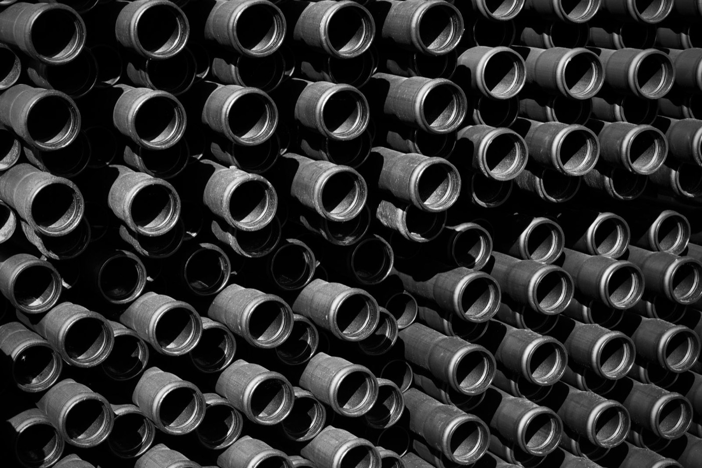 A bundle of steel pipes seen end-on