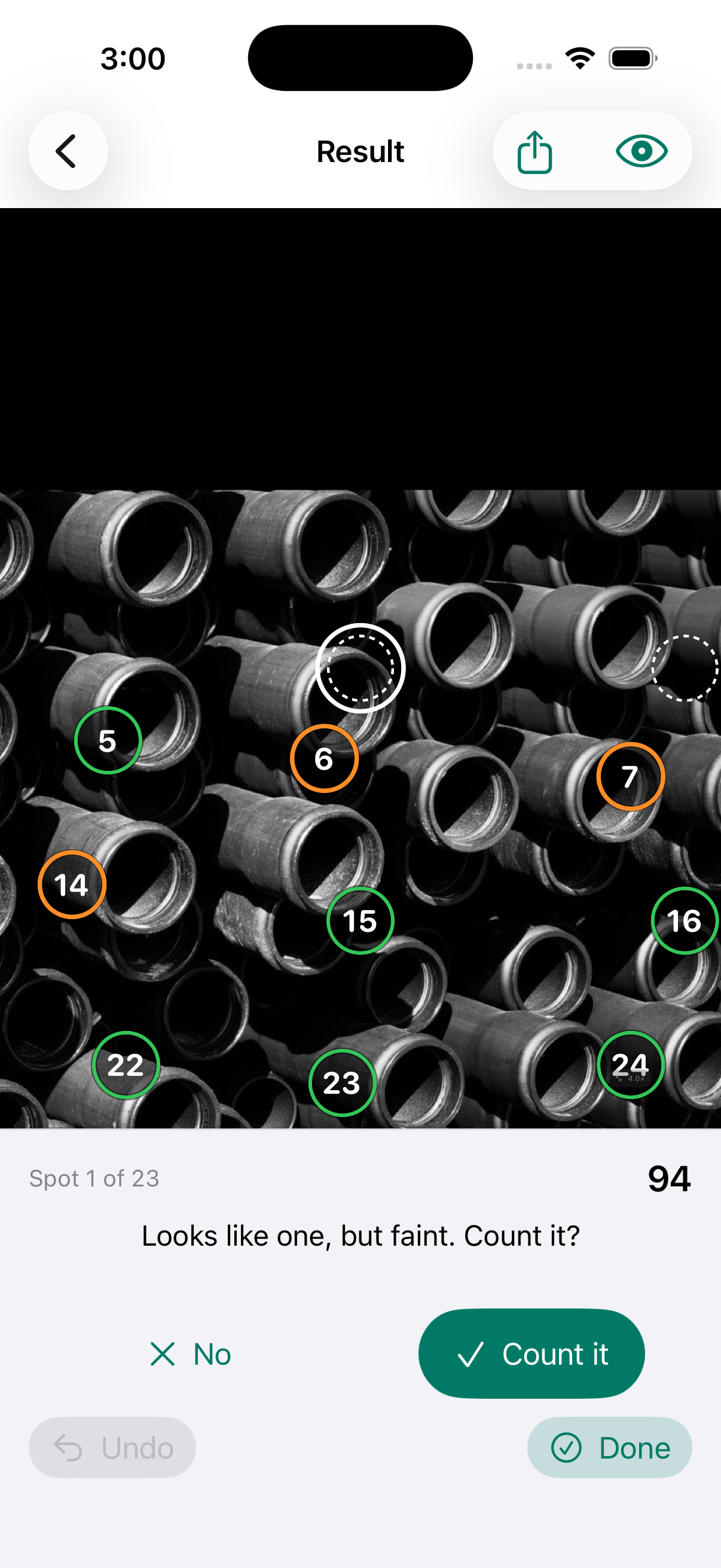 The Check step: the photo zoomed to one orange ring, Spot 2 of 4, with Yes and No buttons.